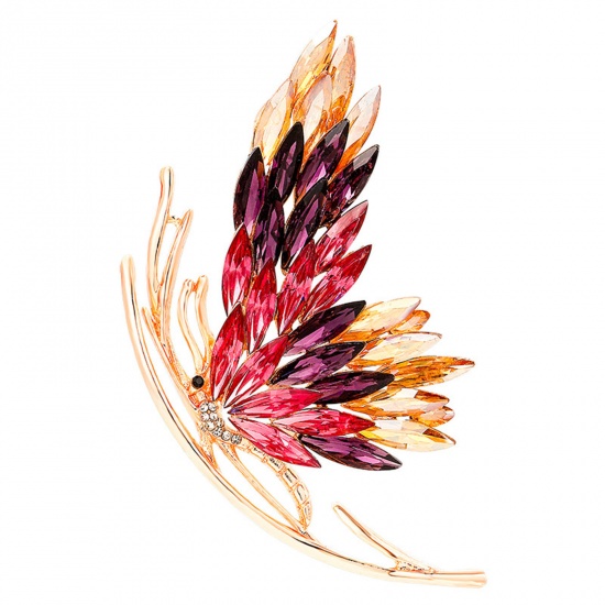 Bild von Insekt Brosche Schmetterling Vergoldet Fuchsie Strass 8cm x 5.5cm, 1 Stück