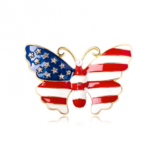 Picture of American Independence Day Pin Brooches Butterfly Animal Flag Of The United States Multicolor Enamel Clear Rhinestone 5.7cm x 3.7cm, 1 Piece
