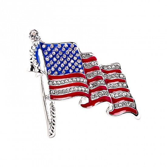 Picture of American Independence Day Pin Brooches Flag Of The United States Multicolor Enamel Clear Rhinestone 4.3cm x 4.3cm, 1 Piece