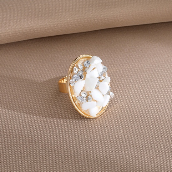 Bild von Böhmischer Stil Offen Ring Vergoldet Weiß Kiesspäne Oval 20mm（US Größe:10.25), 1 Stück