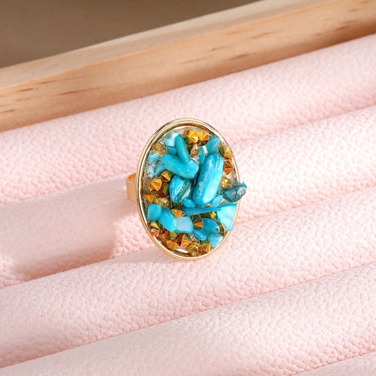 Bild von Böhmischer Stil Offen Ring Vergoldet Blau Kiesspäne Oval 20mm（US Größe:10.25), 1 Stück