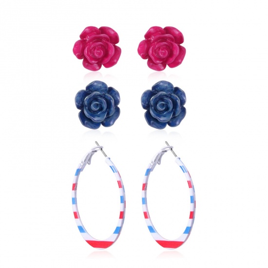 Picture of American Independence Day Ear Post Stud Earrings Set Multicolor Flower Enamel 4.5cm, 1 Set ( 3 Pairs/Set)