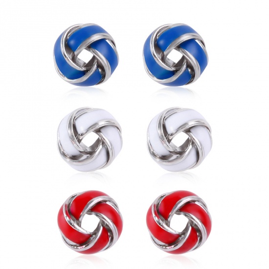 Picture of American Independence Day Ear Post Stud Earrings Set Multicolor Braided Circle Ring Enamel 1cm, 1 Set ( 3 Pairs/Set)