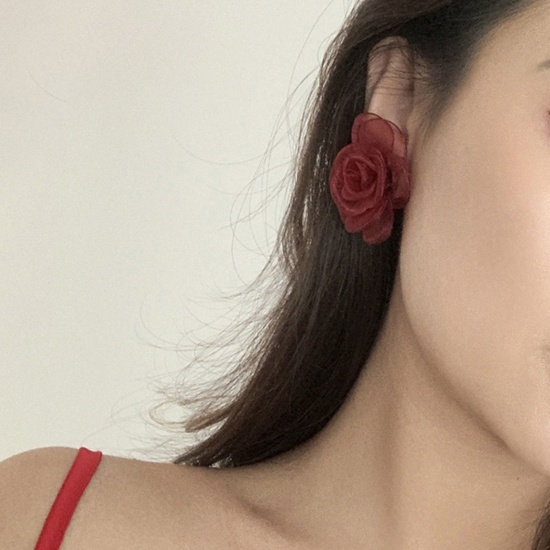 Bild von Tulle Stylish Earrings Wine Red Flower 4.5cm x 4.5cm, 1 Pair