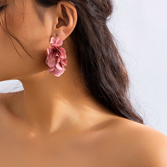 Bild von Fabric Stylish Earrings Russet Red Flower 6.5cm x 5cm, 1 Pair