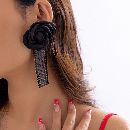 Bild von Satin Stylish Earrings Black Camellia Flower 12cm x 5.5cm, 1 Pair
