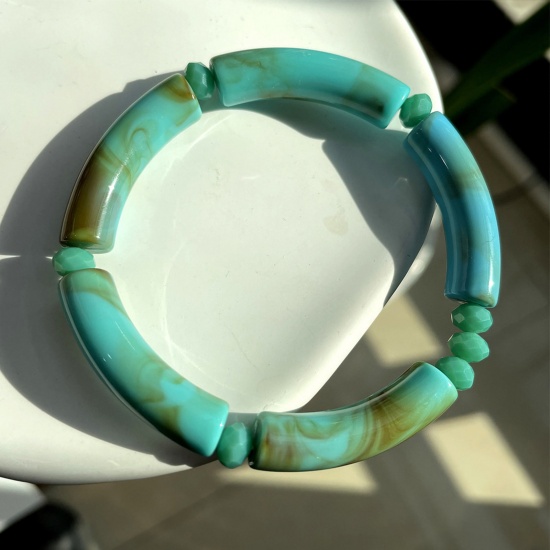 Picture of Acrylic Retro Bangles Bracelets Green Curved Tube Elastic 5.5cm Dia, 1 Piece