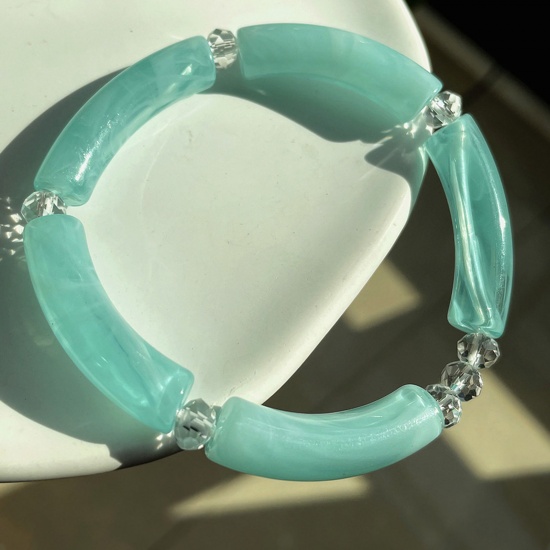 Picture of Acrylic Retro Bangles Bracelets Mint Green Curved Tube Elastic 5.5cm Dia, 1 Piece