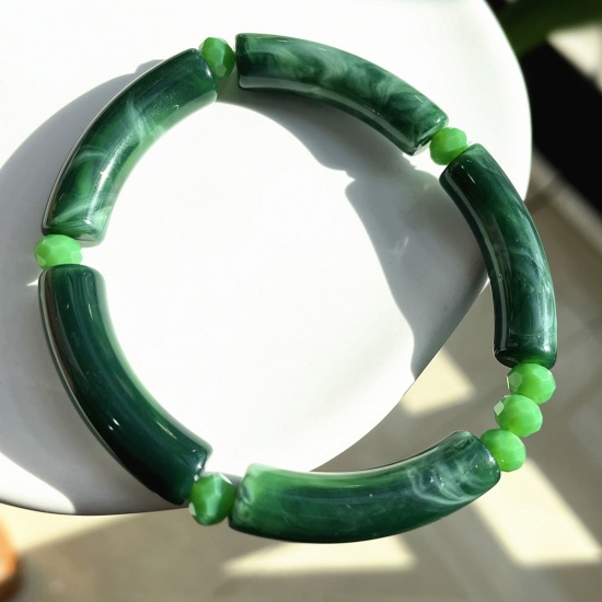 Picture of Acrylic Retro Bangles Bracelets Dark Green Curved Tube Elastic 5.5cm Dia, 1 Piece