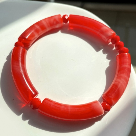 Picture of Acrylic Retro Bangles Bracelets Red Curved Tube Elastic 5.5cm Dia, 1 Piece