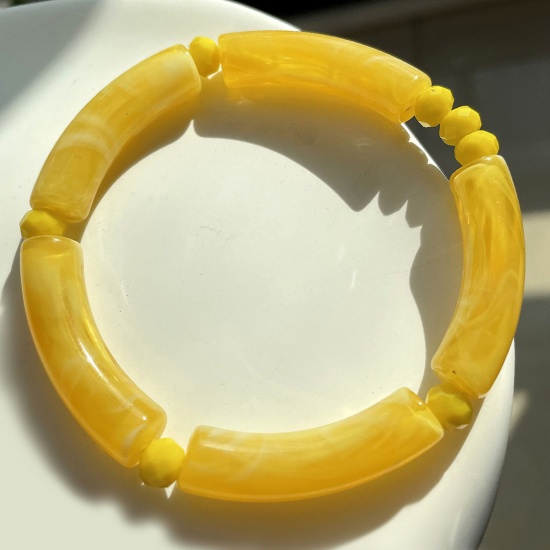 Picture of Acrylic Retro Bangles Bracelets Lemon Yellow Curved Tube Elastic 5.5cm Dia, 1 Piece