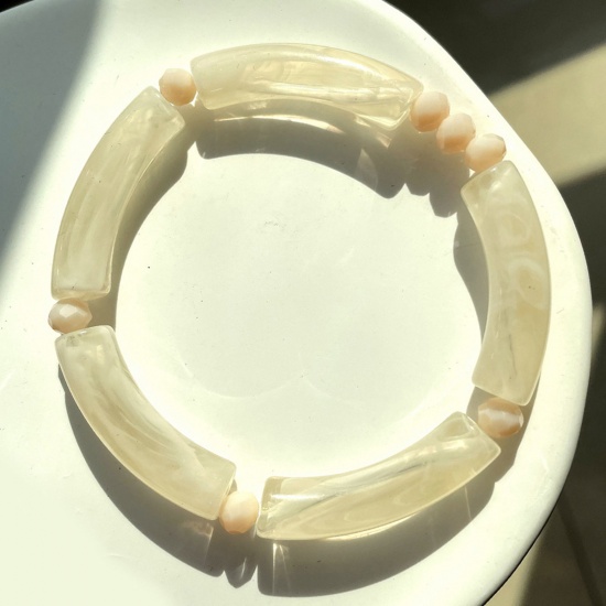 Picture of Acrylic Retro Bangles Bracelets Beige Curved Tube Elastic 5.5cm Dia, 1 Piece