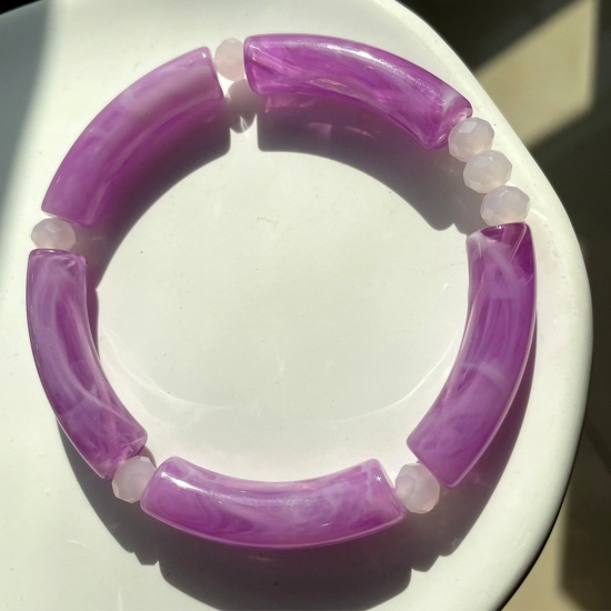 Picture of Acrylic Retro Bangles Bracelets Purple Curved Tube Elastic 5.5cm Dia, 1 Piece