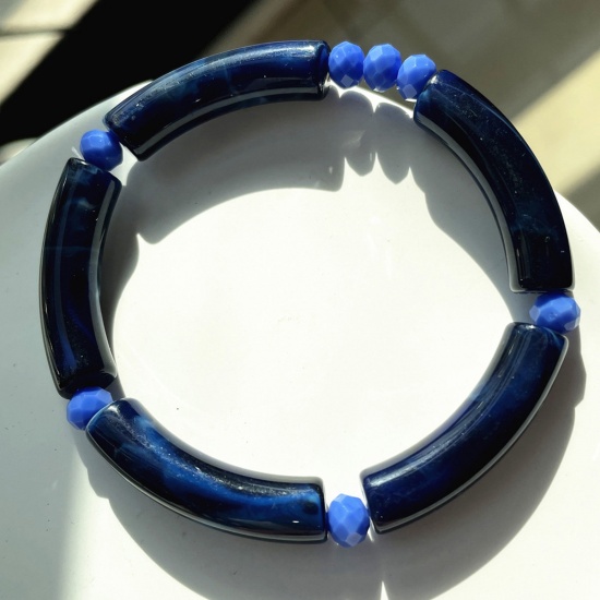 Picture of Acrylic Retro Bangles Bracelets Navy Blue Curved Tube Elastic 5.5cm Dia, 1 Piece