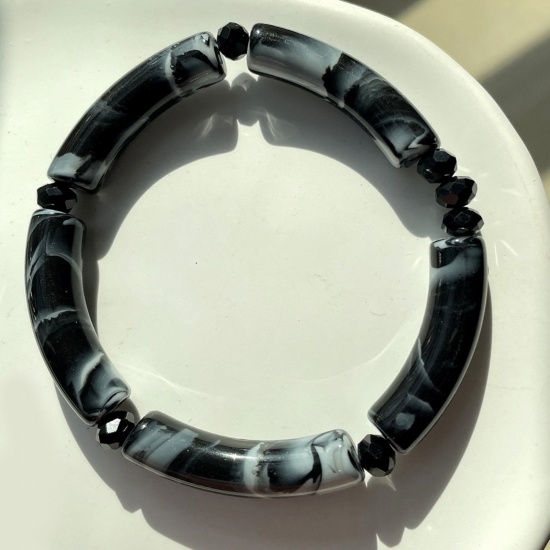 Picture of Acrylic Retro Bangles Bracelets Black Curved Tube Elastic 5.5cm Dia, 1 Piece