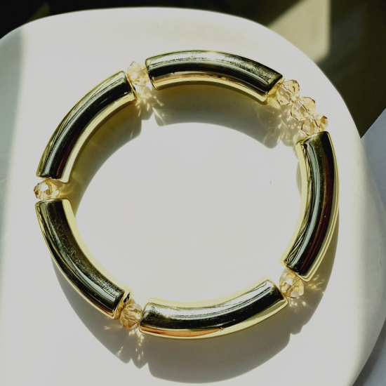 Picture of Acrylic Retro Bangles Bracelets Golden Curved Tube Elastic 5.5cm Dia, 1 Piece