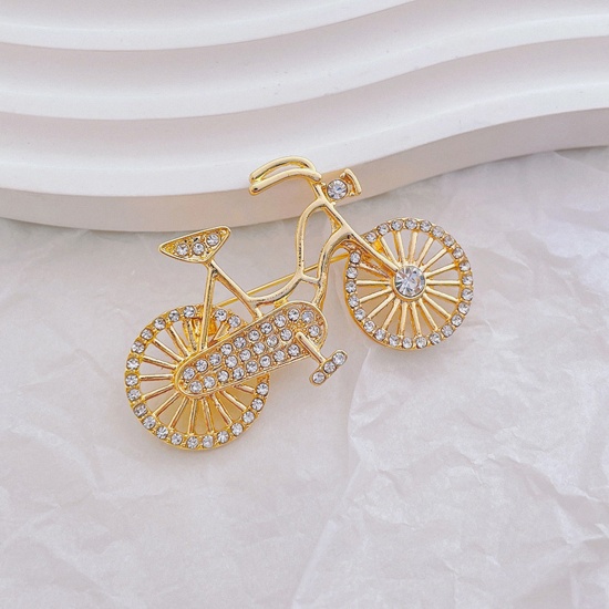 Bild von Retro Pin Brooches Bicycle Gold Plated Clear Rhinestone 5cm x 3cm, 1 Piece