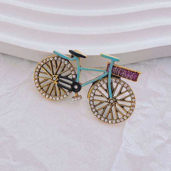Bild von Retro Pin Brooches Bicycle Gold Plated Multicolor Enamel Clear Rhinestone 5cm x 3cm, 1 Piece