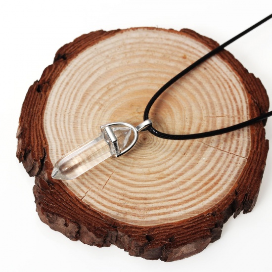 Immagine di (Grado B) Moda Nuova Quarzo ( Naturale) Yoga Collana PU Corda Tono Argento Trasparente Disegno lunghezza: 45cm, 1 Pz