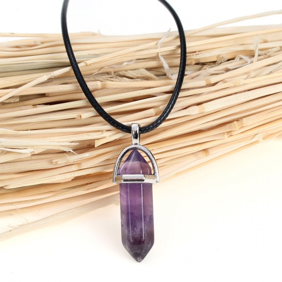 Immagine di (Grado B) Moda Nuova Ametista ( Naturale) Yoga Collana PU Corda Tono Argento Colore Viola Disegno lunghezza: 45.3cm, 1 Pz