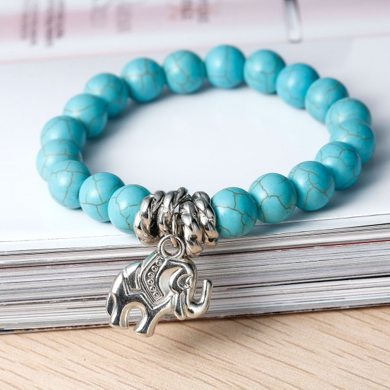 Bild von Howlith Imitat Türkis Böhmischer Stil Elastisches Armband Silberfarbe Malachitgrün Rund Elefant Anhänger 23cm lang 1 Streif