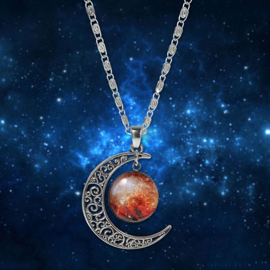 Picture of New Fashion Galaxy Universe Crescent Moon Glass Cabochon Pendant Necklace Scroll Chain Antique Silver Multicolor 47.0cm(18 4/8") long, 1 Piece