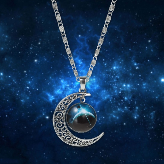 Picture of New Fashion Galaxy Universe Crescent Moon Glass Cabochon Pendant Necklace Scroll Chain Silver Tone Multicolor 46.5cm(18 2/8") long, 1 Piece