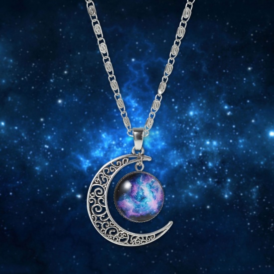 Picture of New Fashion Galaxy Universe Crescent Moon Glass Cabochon Pendant Necklace Scroll Chain Silver Tone Multicolor 47.0cm(18 4/8") long, 1 Piece