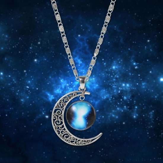 Picture of New Fashion Galaxy Universe Crescent Moon Glass Cabochon Pendant Necklace Scroll Chain Silver Tone Multicolor 47.0cm(18 4/8") long, 1 Piece