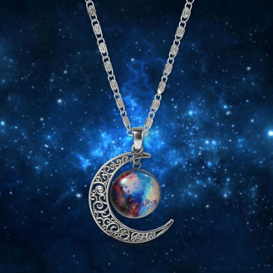 Picture of New Fashion Galaxy Universe Crescent Moon Glass Cabochon Pendant Necklace Scroll Chain Silver Tone Multicolor 46.5cm(18 2/8") long, 1 Piece