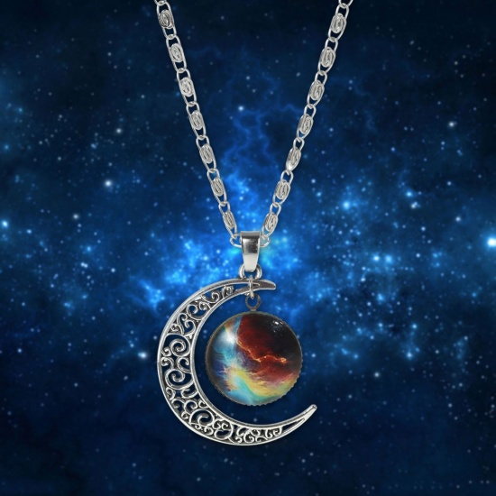 Picture of New Fashion Galaxy Universe Crescent Moon Glass Cabochon Pendant Necklace Scroll Chain Silver Tone Multicolor 46.5cm(18 2/8") long, 1 Piece