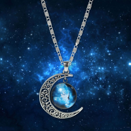 Picture of New Fashion Galaxy Universe Crescent Moon Glass Cabochon Pendant Necklace Scroll Chain Silver Tone Multicolor 47.0cm(18 4/8") long, 1 Piece