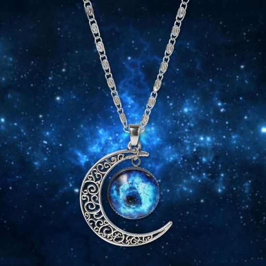 Picture of New Fashion Galaxy Universe Crescent Moon Glass Cabochon Pendant Necklace Scroll Chain Silver Tone Multicolor 46.5cm(18 2/8") long, 1 Piece