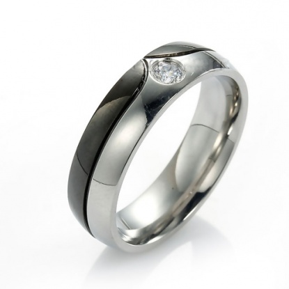 Bild von Edelstahl Uneinstellbar Ring Silberfarbe & Schwarz mit Transparent Zirkon 18.3mm（US Größe:8) 1 Stück