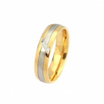 Bild von Edelstahl Uneinstellbar Ring Vergoldet & Silberfarbe Ring Streifen Transparent Strass 21.5mm（US Größe:12), 1 Stück