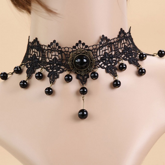 Picture of Polyester Choker Necklace Antique Bronze Black Round Lace 31cm(12 2/8") long, 1 Piece