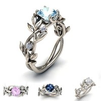 Picture of Rings Silver Tone Flower Leaves Light Lake Blue Cubic Zirconia 18.1mm(US Size 8), 1 Piece