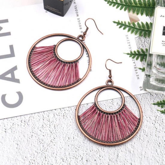 Picture of Earrings Antique Copper Fuchsia Circle Ring 75mm x 55mm, 1 Pair