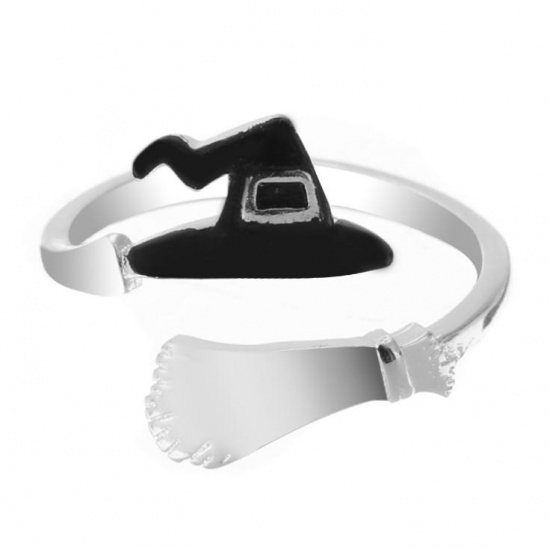 Picture of Copper Open Rings Silver Tone Black Enamel Halloween Witch Hat Besom, 1 Piece