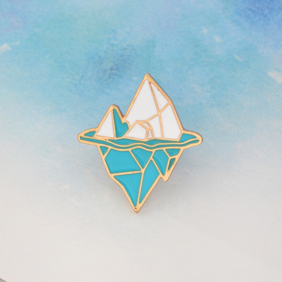 Picture of Tie Tac Lapel Pin Brooches Mountain Gold Plated White & Blue Enamel 28mm(1 1/8") x 25mm(1"), 1 Piece