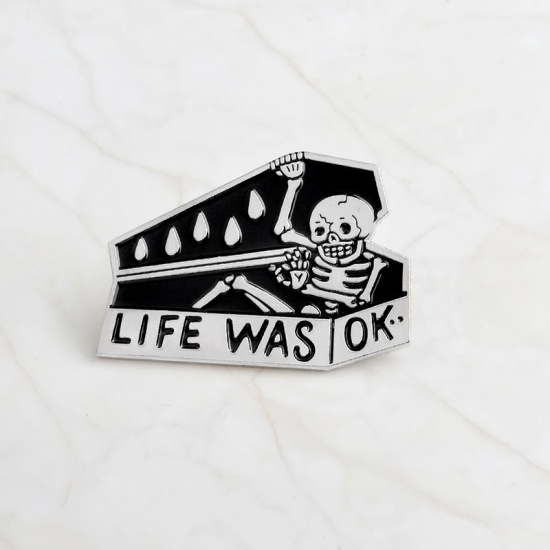 Picture of Tie Tac Lapel Pin Brooches Skeleton Skull Message Silver Tone Black Enamel 36mm(1 3/8") x 25mm(1"), 1 Piece