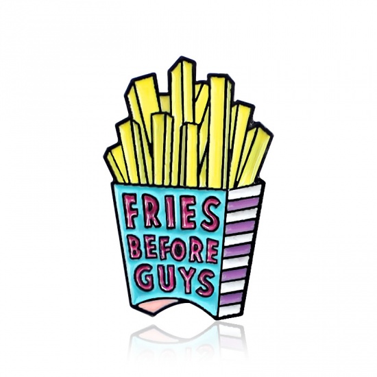 Picture of Pin Brooches Fries Message Yellow Enamel 36mm(1 3/8") x 23mm( 7/8"), 1 Piece