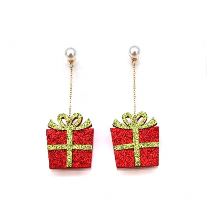 Bild von Vliesstoff Ohrring Vergoldet Rot Weihnachten Geschenkbox Acryl Imitat Perle 7.5cm, 1 Paar