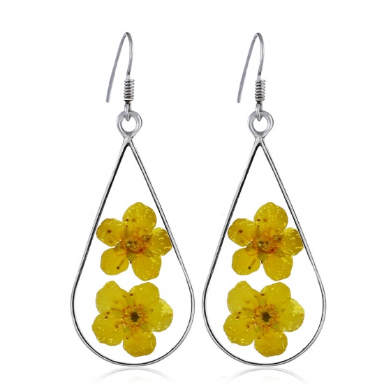 Picture of Resin Earrings Silver Yellow Drop Dried Flower 30mm x 14mm, 1 Pair