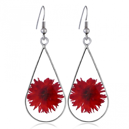 Picture of Resin Earrings Silver Red Drop Dried Flower 30mm x 14mm, 1 Piece