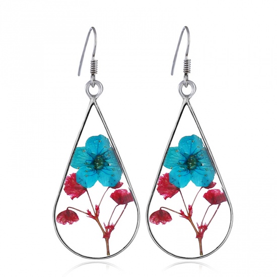Picture of Resin Earrings Silver Red & Blue Drop Dried Flower 30mm x 14mm, 1 Piece