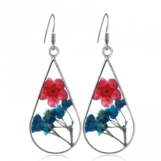 Picture of Resin Earrings Silver Red & Blue Drop Dried Flower 30mm x 14mm, 1 Pair