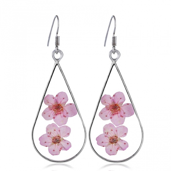 Picture of Resin Earrings Silver Pink Drop Dried Flower 30mm x 14mm, 1 Pair