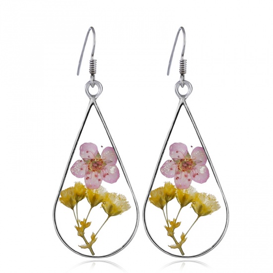 Picture of Resin Earrings Silver Pink & Yellow Drop Dried Flower 30mm x 14mm, 1 Pair