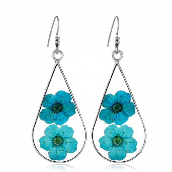 Picture of Resin Earrings Silver Blue Drop Dried Flower 30mm x 14mm, 1 Pair